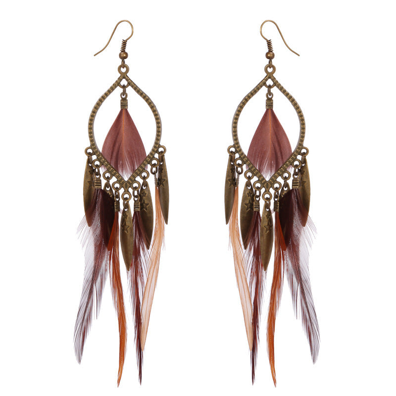 Wholesale Exotic Feather Long Earrings Boutique Party Jewelry Accessory