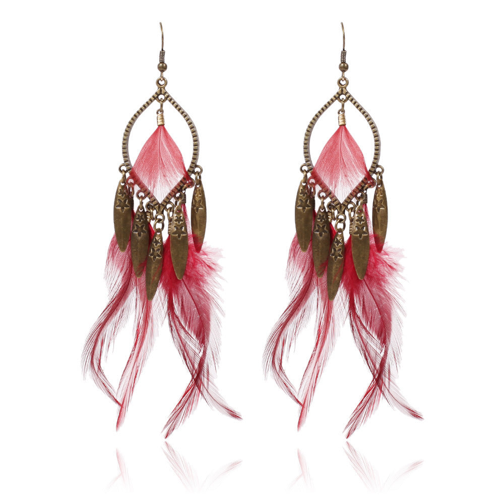 Wholesale Exotic Feather Long Earrings Boutique Party Jewelry Accessory
