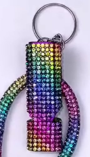 Wholesale outdoor flat aluminum alloy double tube whistle with diamond keychain pendant ACC-KC-ZhiYa001