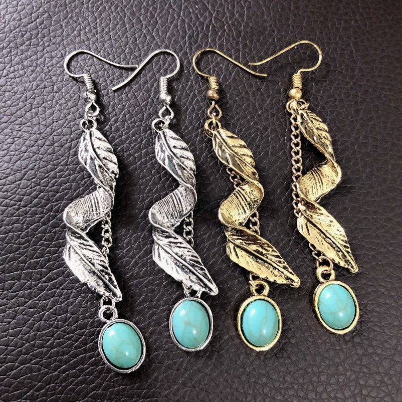 Wholesale  Bohemian retro leaf turquoise earrings