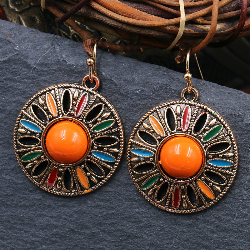 Wholesale Alloy Bohemian Round Pendant Oil Drop Earrings Trendy Jewelry Accessory