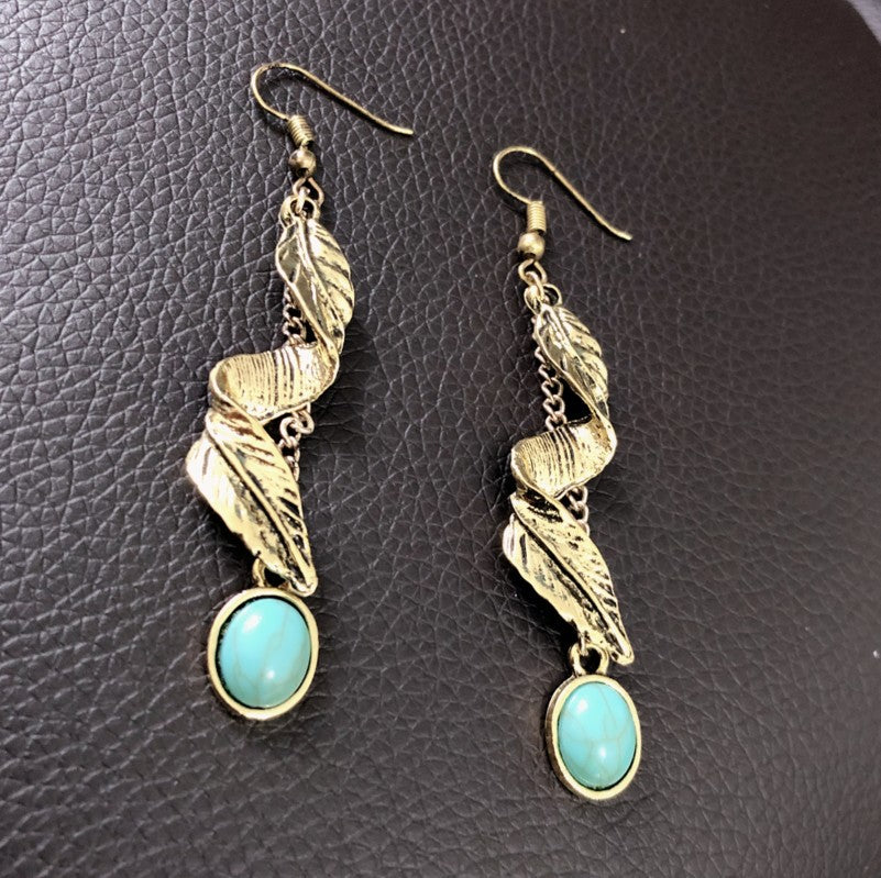 Wholesale  Bohemian retro leaf turquoise earrings