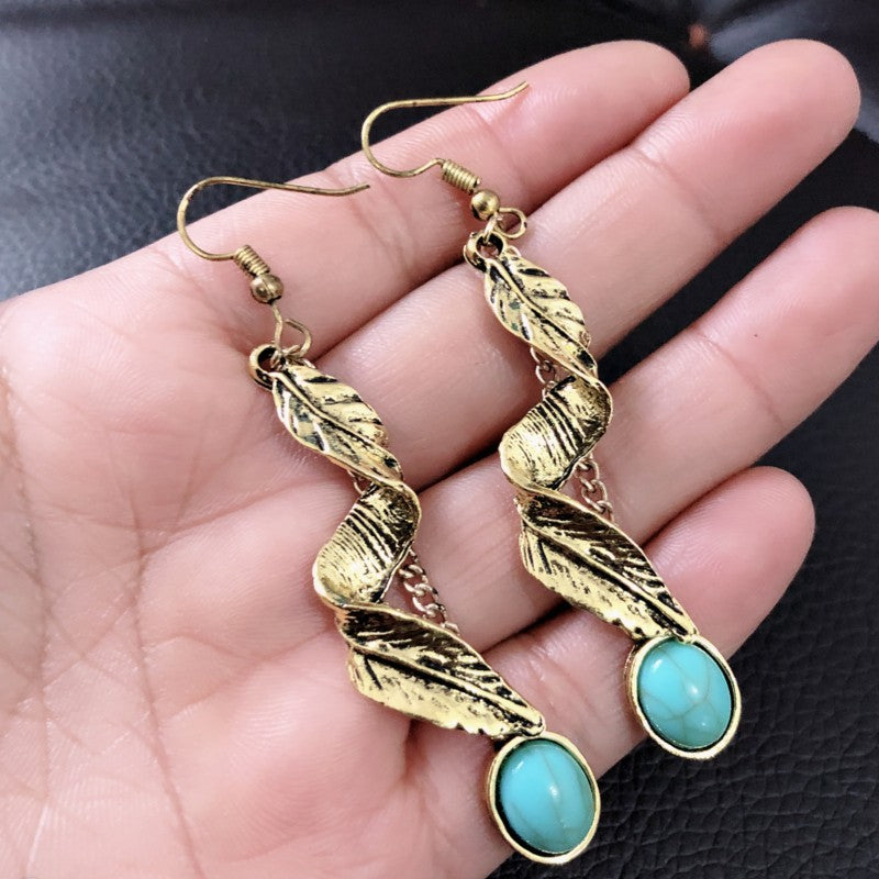 Wholesale  Bohemian retro leaf turquoise earrings