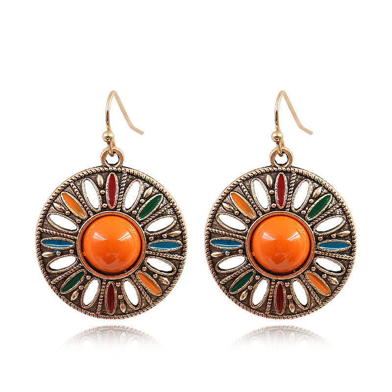 Wholesale Alloy Bohemian Round Pendant Oil Drop Earrings Trendy Jewelry Accessory