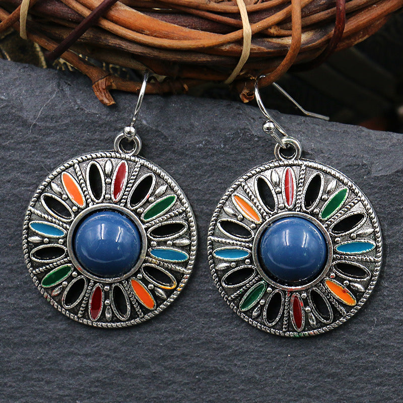 Wholesale Alloy Bohemian Round Pendant Oil Drop Earrings Trendy Jewelry Accessory