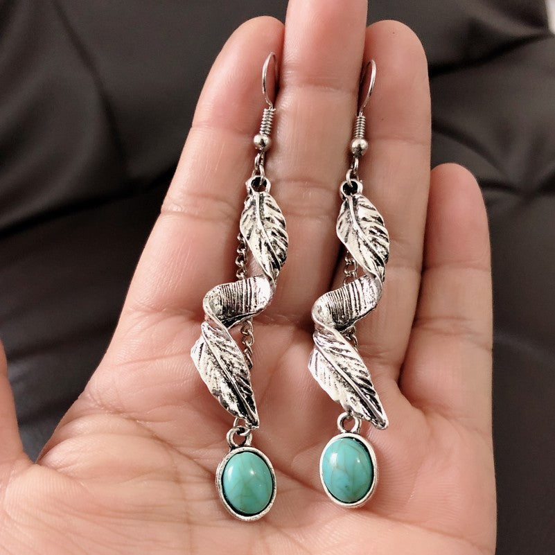 Wholesale  Bohemian retro leaf turquoise earrings