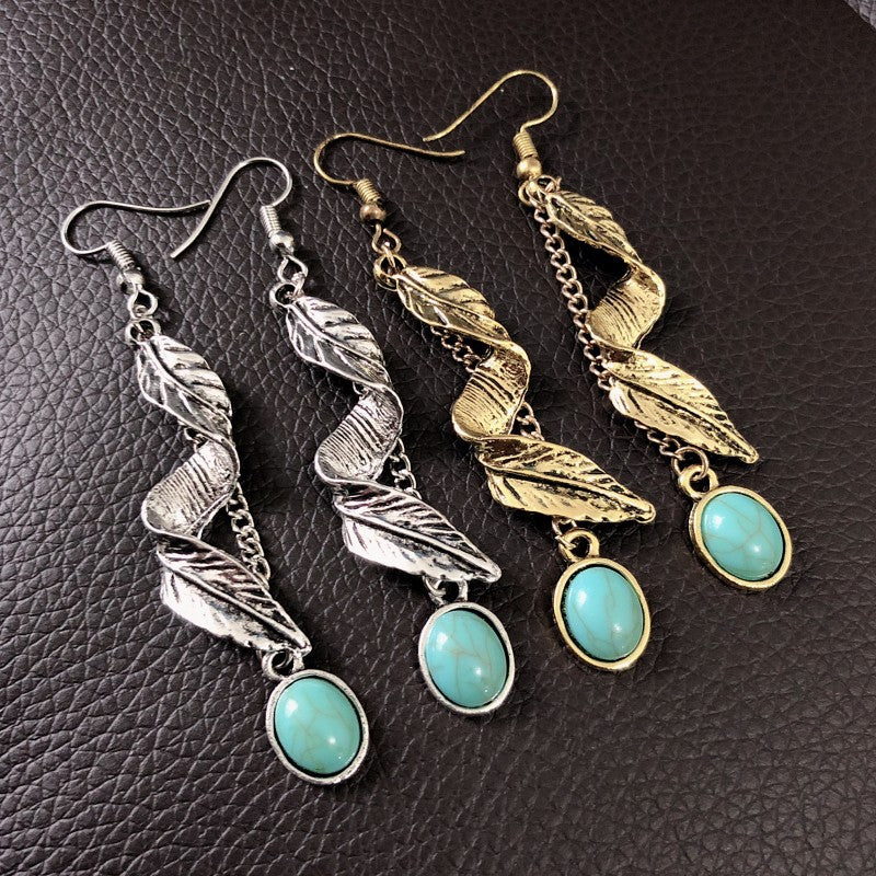 Wholesale  Bohemian retro leaf turquoise earrings