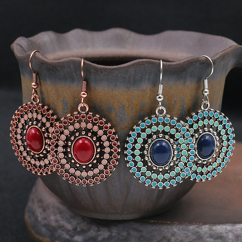 Wholesale Vintage Round Geometric Gemstone Red Ethnic Style Earrings ACC-ES-MoMo004