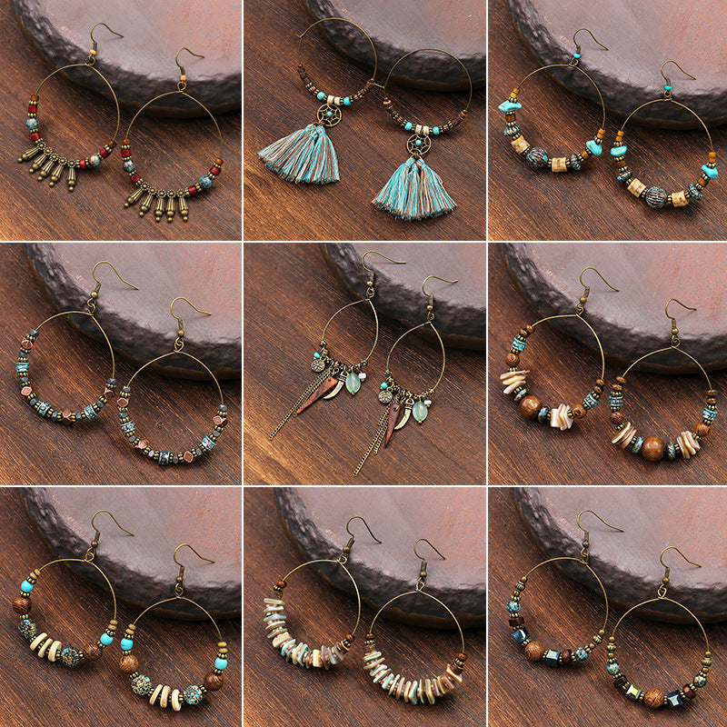 Wholesale Large Circle Bohemian Beaded Earrings Alloy with Wood Beads for Party Wear Jewelry Accessory