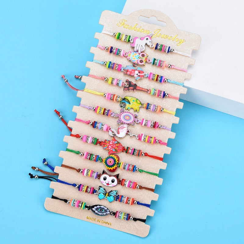 Wholesale Set of 12 Bohemian Alloy Painted Oil Clay Animal Braided Bracelets ACC-BT-Zheq008