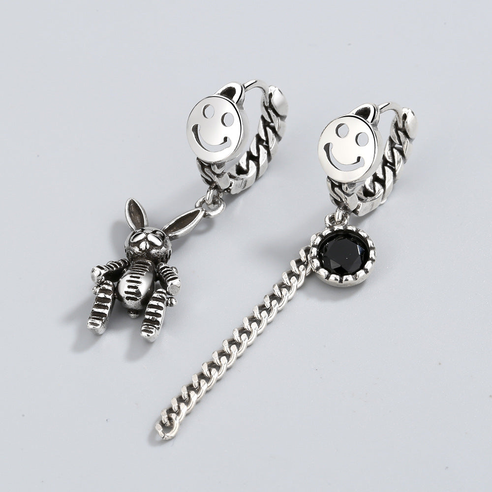 Wholesale Vintage distressed earrings smiley face rabbit asymmetric zircon earrings