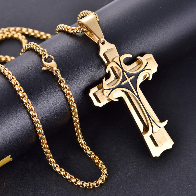 Wholesale stainless steel men's three-layer cross necklaces