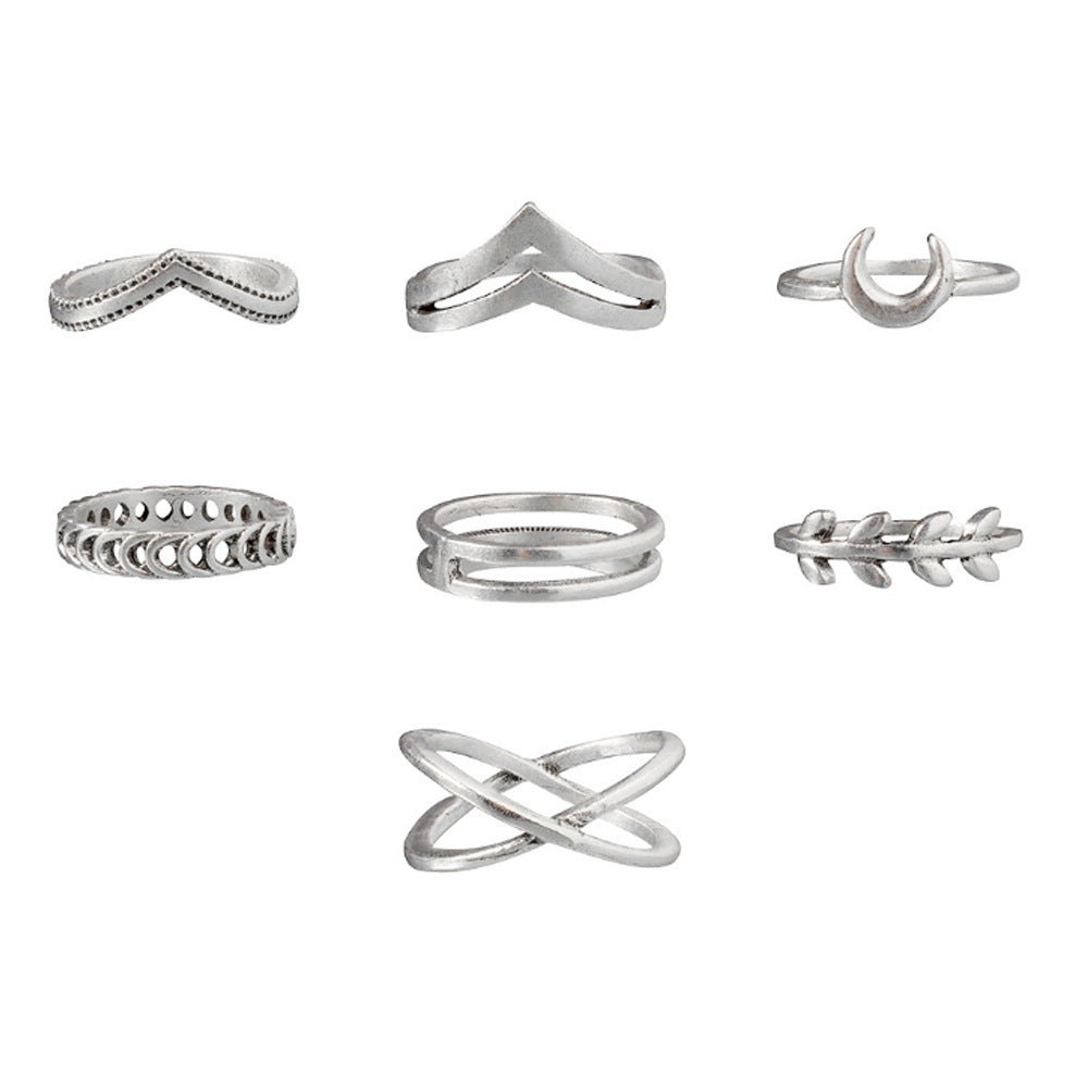 Wholesale  personality moon cross  retro leaves 7 piece set combination ring