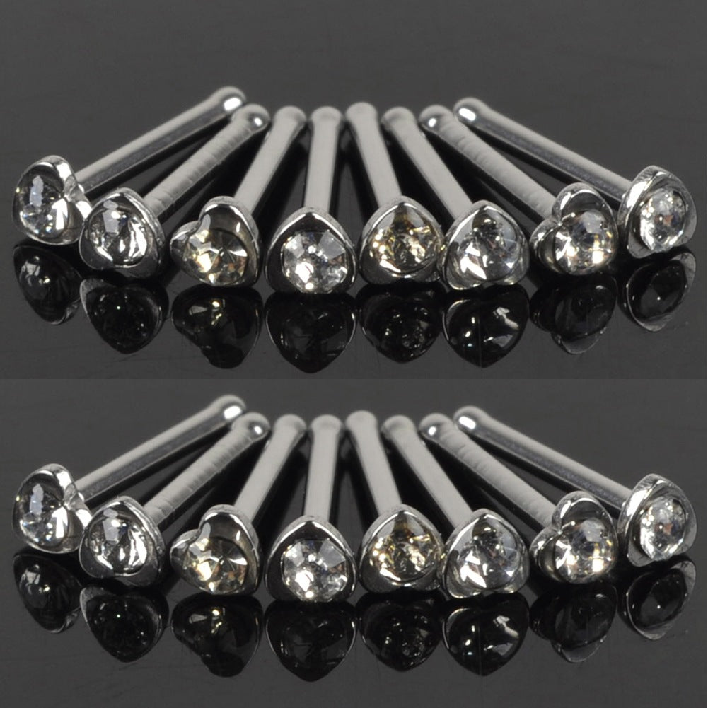 Wholesale 24/ box of diamond-encrusted stainless steel heart-shaped nose nail