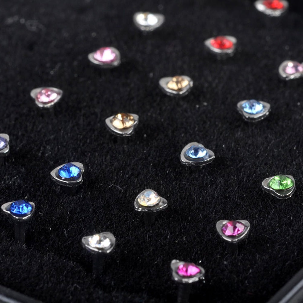 Wholesale 24/ box of diamond-encrusted stainless steel heart-shaped nose nail