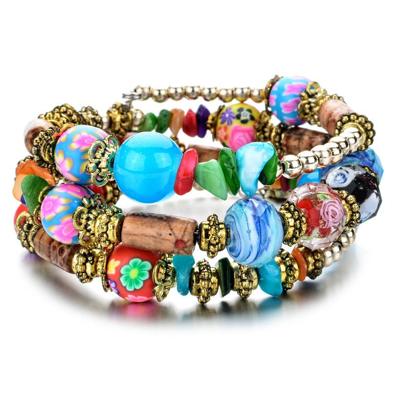 Wholesale Bohemian Gravel Crystal Glass Beads Mixed with Multi-layered Polymer Clay Bracelet ACC-BT-Zheq006