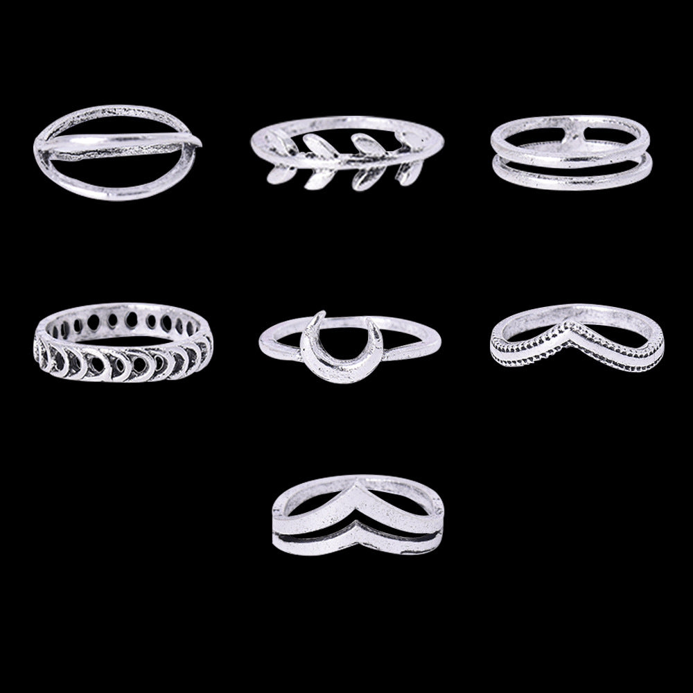 Wholesale  personality moon cross  retro leaves 7 piece set combination ring