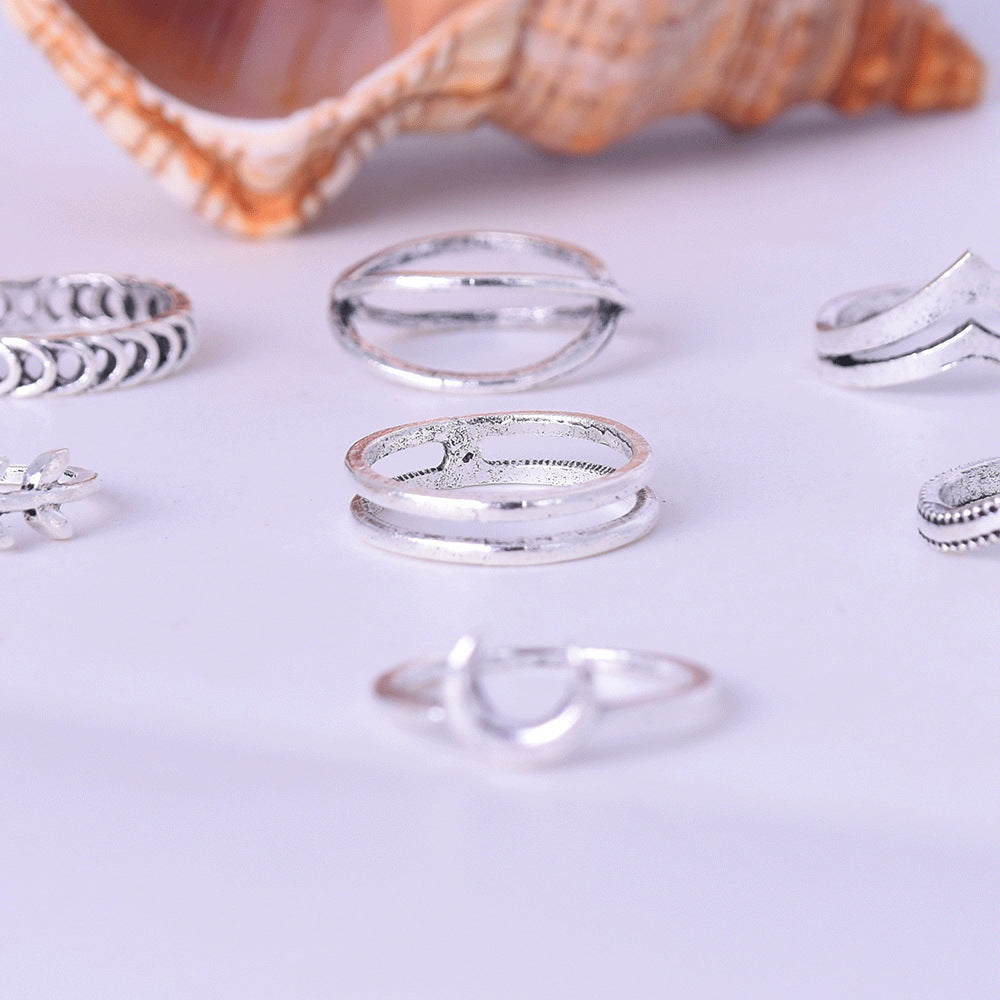 Wholesale  personality moon cross  retro leaves 7 piece set combination ring