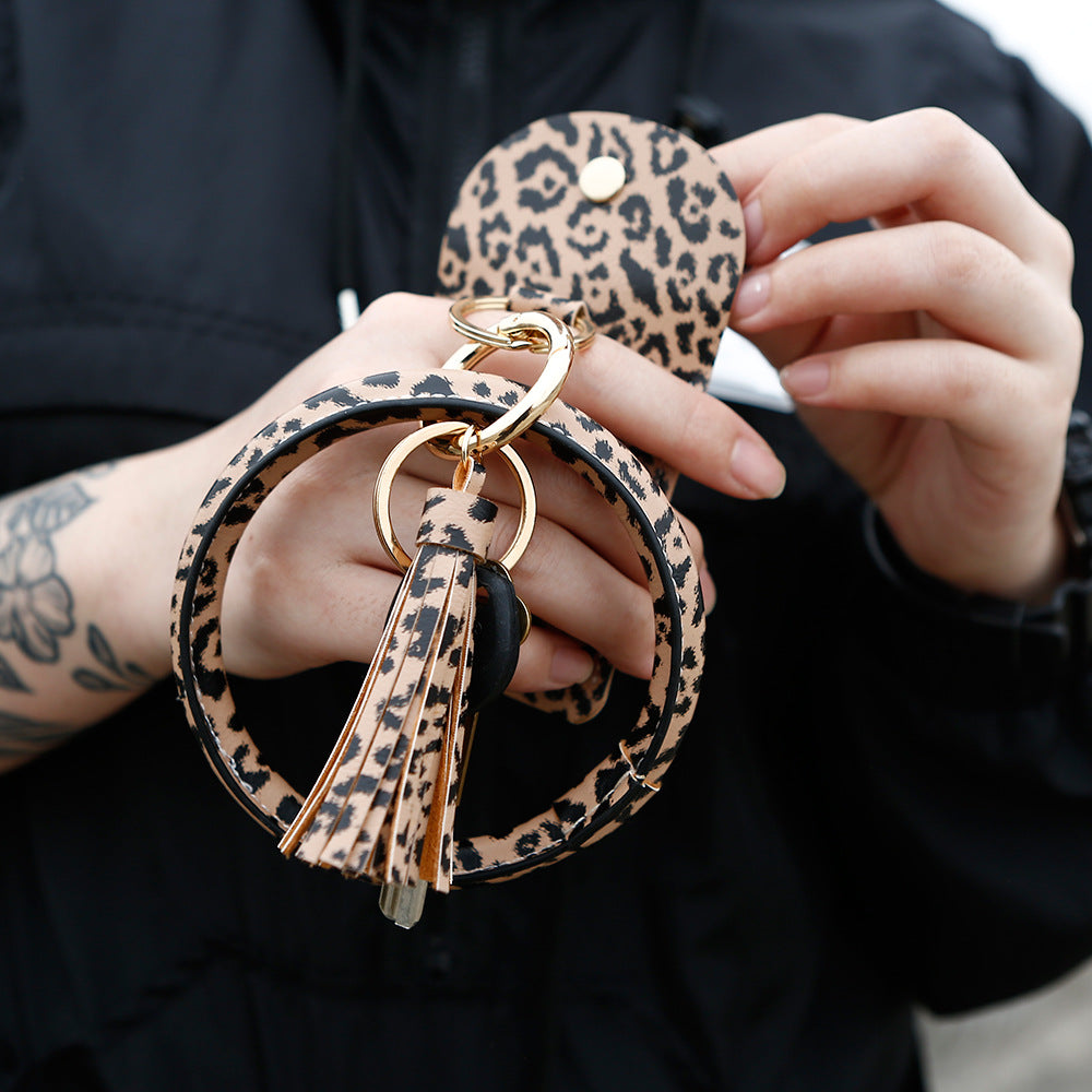 Wholesale leopard print tassel coin purse card holder bracelet PU leather keychain ACC-KC-JM006