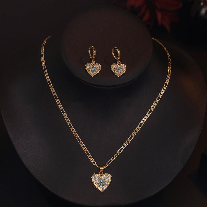 Wholesale Copper Plated Zirconia Evil Eye Love Heart Necklace Earrings Set ACC-NE-AoGu008