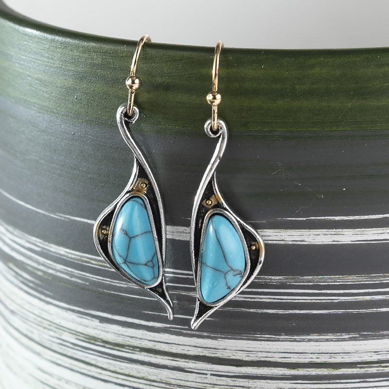 Wholesale Retro Inlaid Turquoise Earrings Alloy Plated Silver Color Party Wear