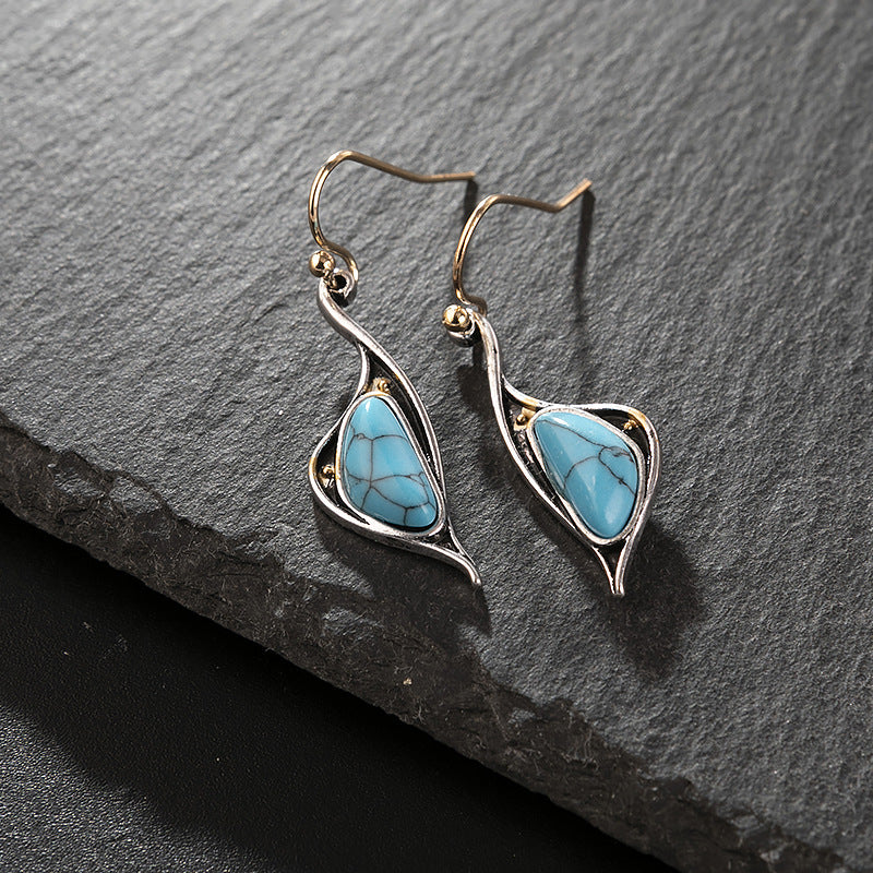 Wholesale Retro Inlaid Turquoise Earrings Alloy Plated Silver Color Party Wear