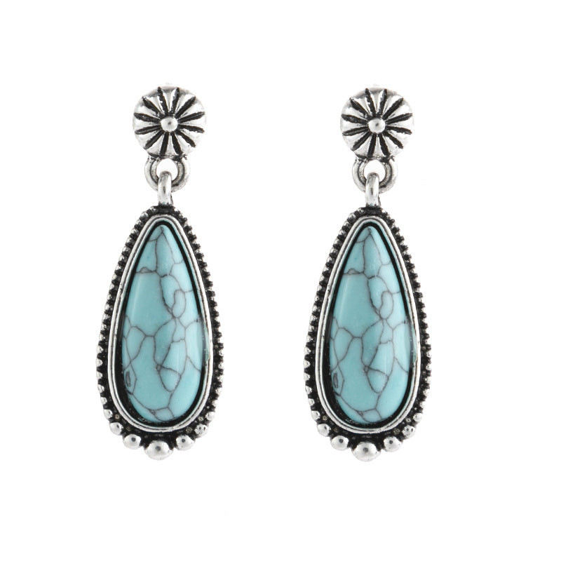 Wholesale Products 925 Plated Ancient Silver Turquoise Earrings European and American Creative Drop-shaped Turquoise Exaggerated Earrings
