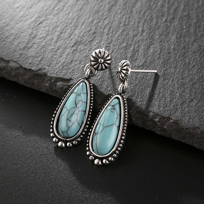 Wholesale Products 925 Plated Ancient Silver Turquoise Earrings European and American Creative Drop-shaped Turquoise Exaggerated Earrings