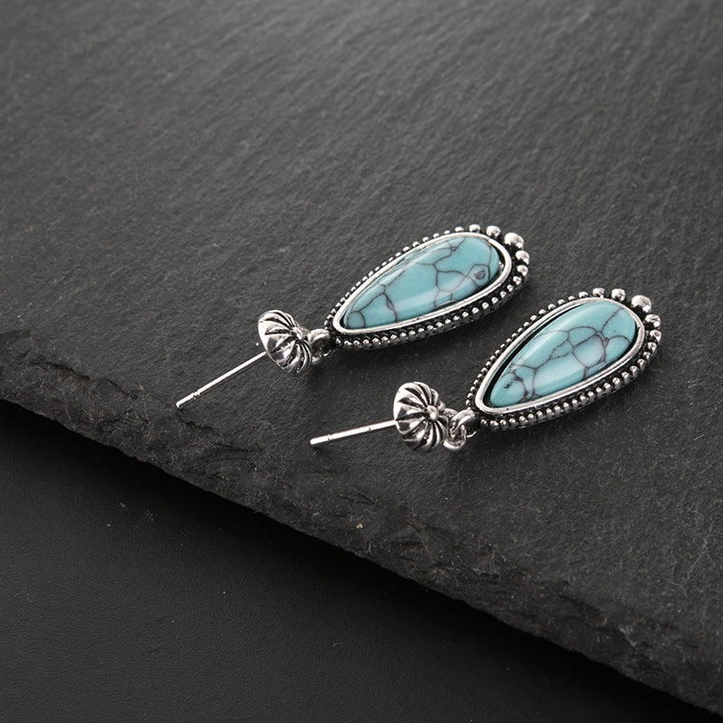 Wholesale Products 925 Plated Ancient Silver Turquoise Earrings European and American Creative Drop-shaped Turquoise Exaggerated Earrings