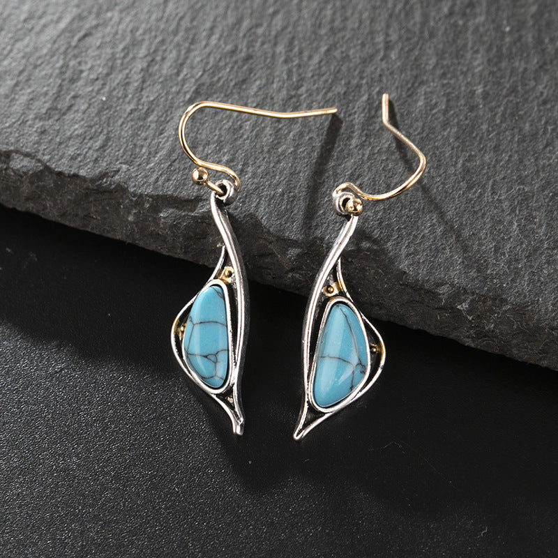 Wholesale Retro Inlaid Turquoise Earrings Alloy Plated Silver Color Party Wear