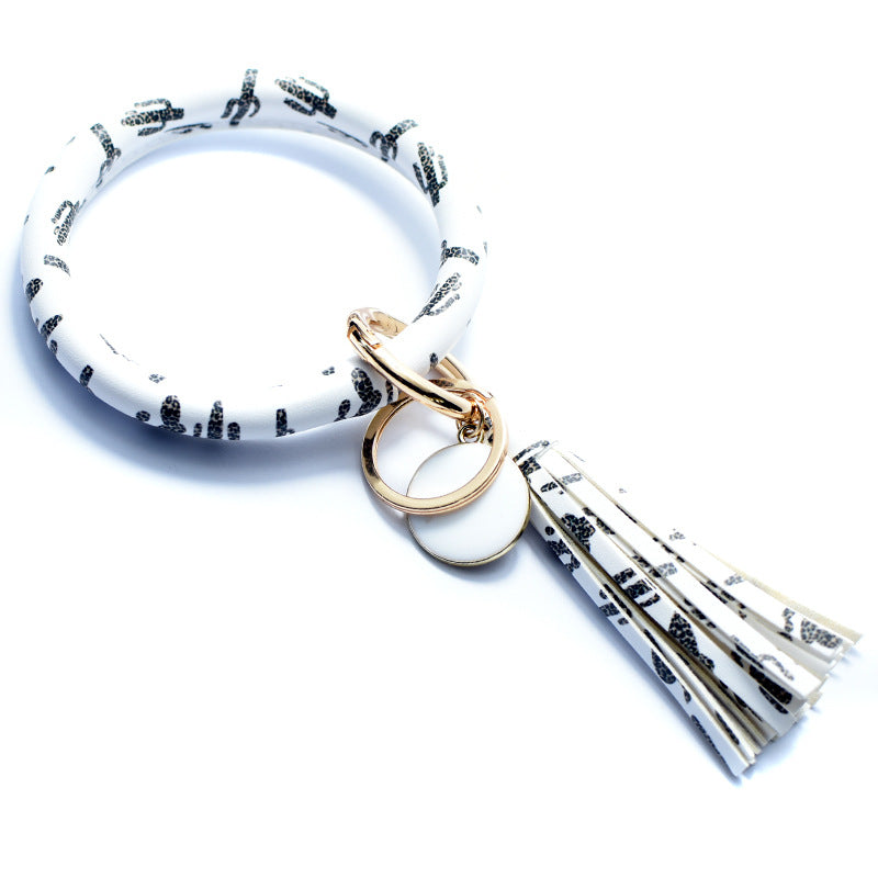 Wholesale Western Style Leopard Print Cow Print Cactus Leather Wristlet Keychain ACC-KC-QiuXue003