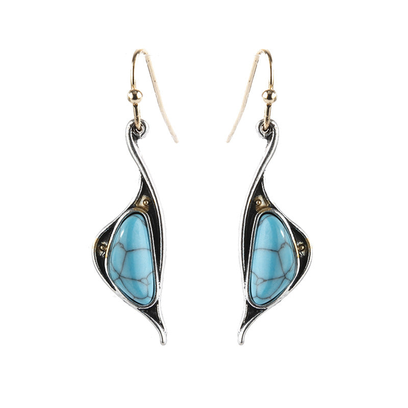 Wholesale Retro Inlaid Turquoise Earrings Alloy Plated Silver Color Party Wear
