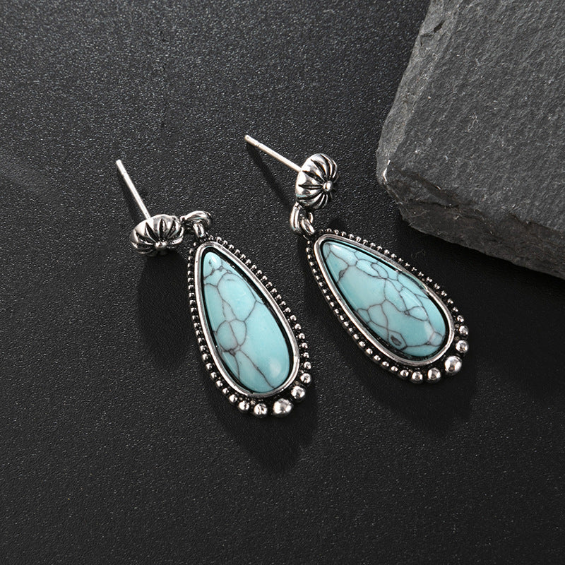 Wholesale Products 925 Plated Ancient Silver Turquoise Earrings European and American Creative Drop-shaped Turquoise Exaggerated Earrings