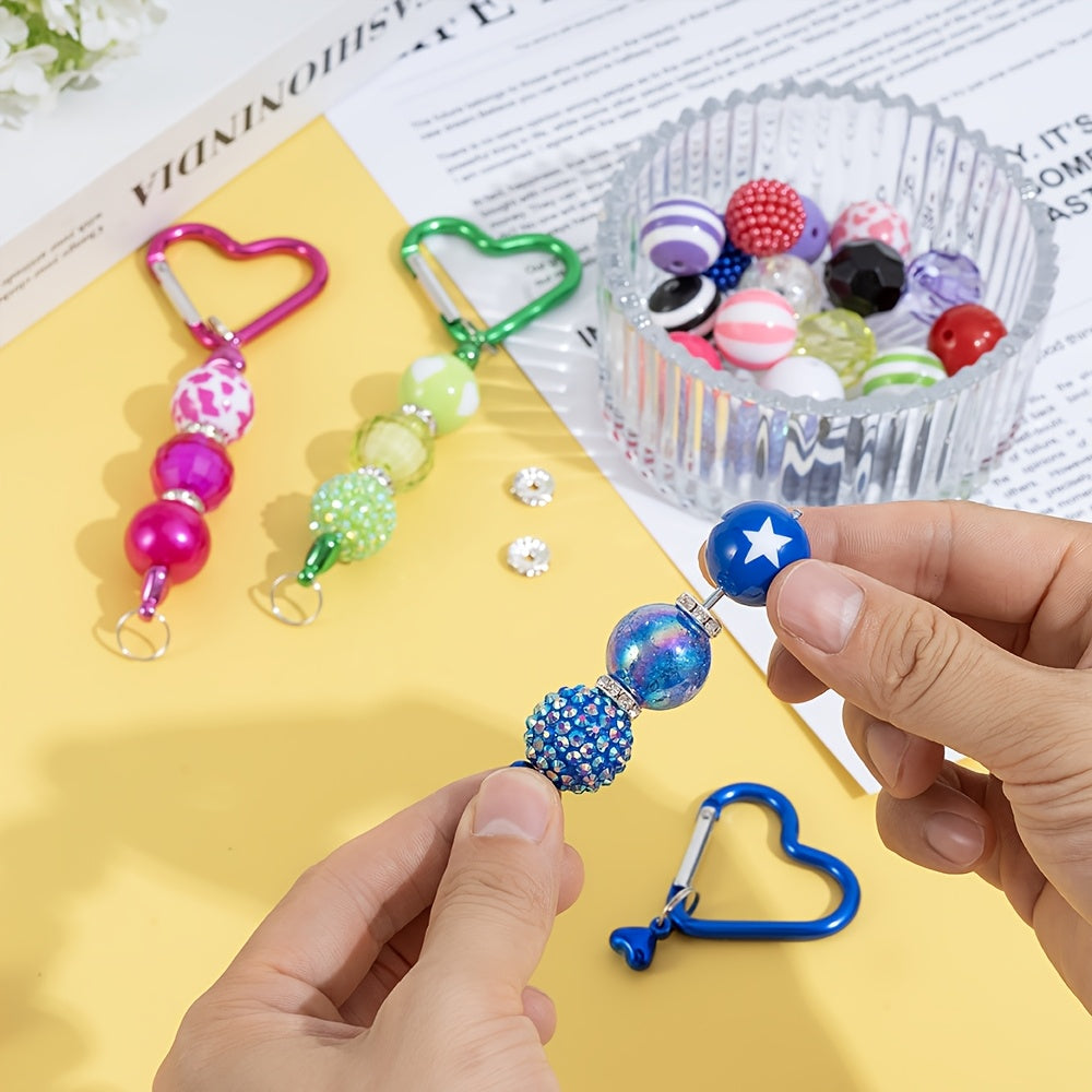 40pcs/Set Beadable Keychains Kits 20mm Chunky Bubblegum Beads Rhinestone Pearl Beads Heart Shaped Mountain Climbing Keychain for Jewelry Making Keychain Craft Making DIY Beaded Gifts