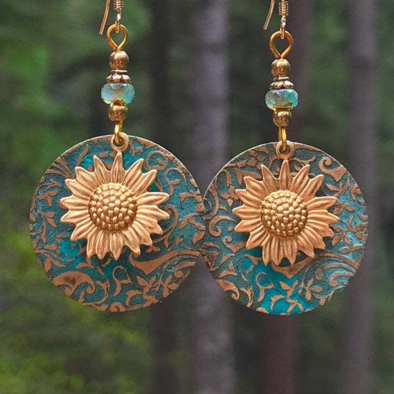 Wholesale Retro Bohemian Double-Layer Sunflower Earrings,  Alloy Electroplated Jewelry Accessory for Boutique Resale