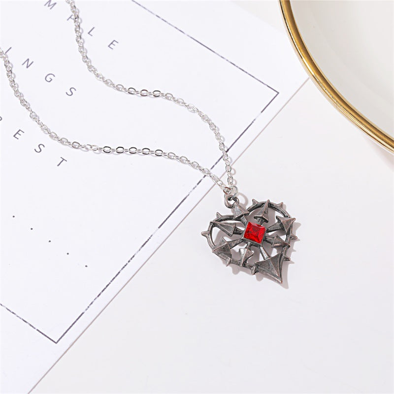 Wholesale Gothic Red Heart Pendant Necklace Alloy Cross Chain Vintage Tin Finish Fashion Accessory