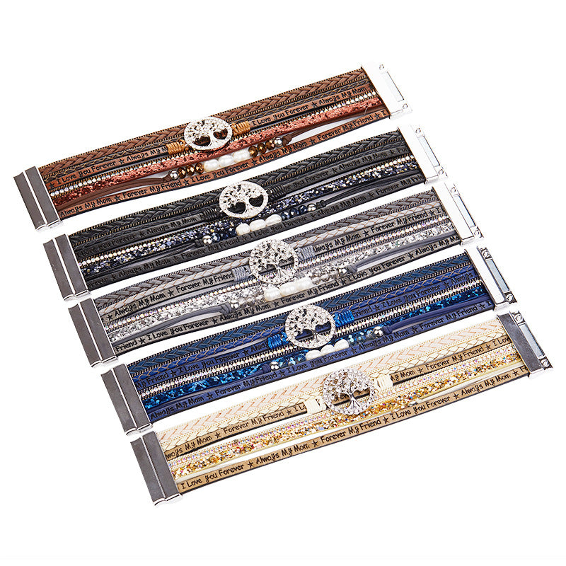 Wholesale Letter PU Ladies Bracelet Diamond Studded Leather Bracelet ACC-BT-Hongx009