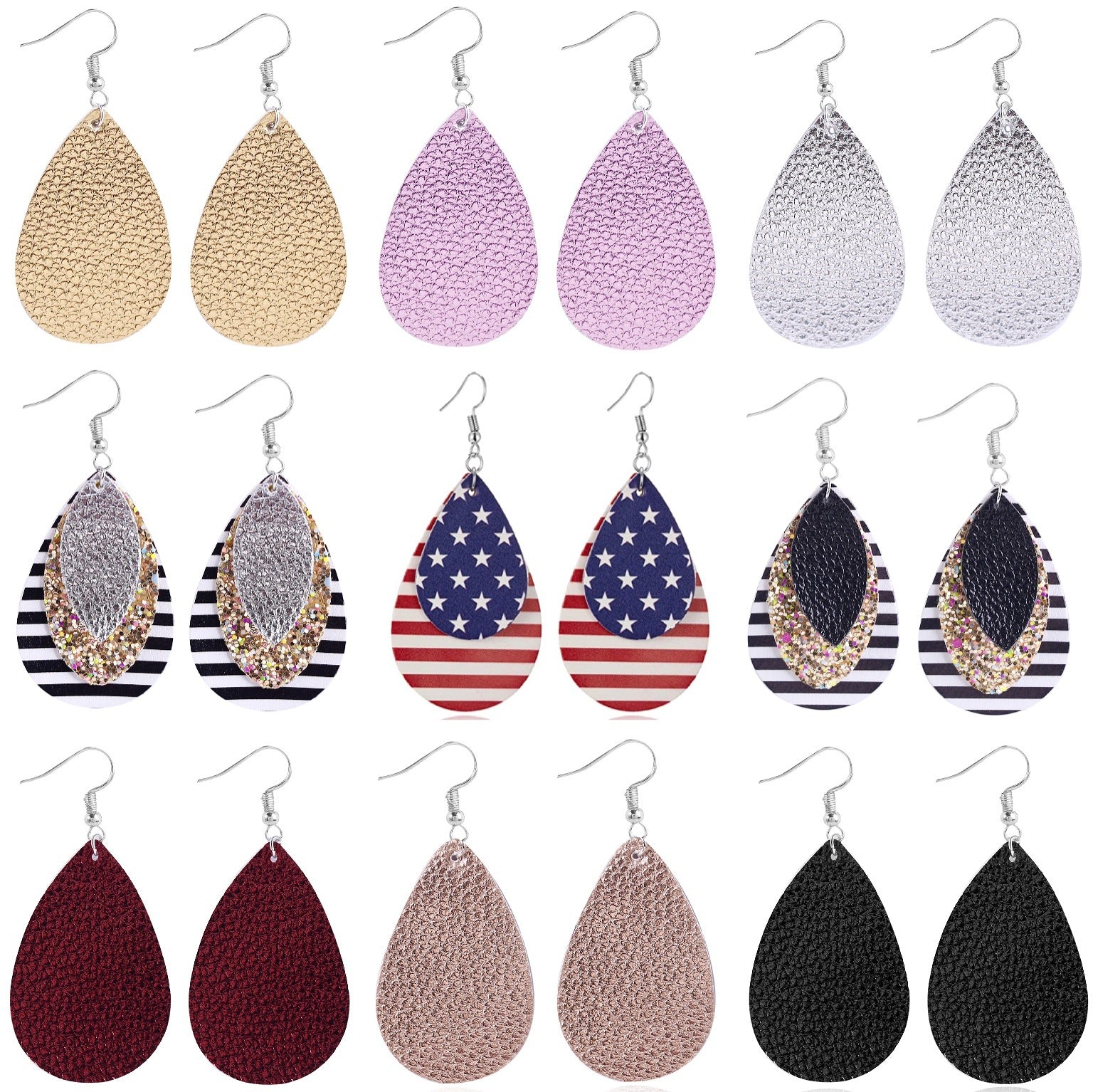 Wholesale  Double-layer Teardrop-shaped PU Leather Earrings suit American Flag Independence Day Earrings