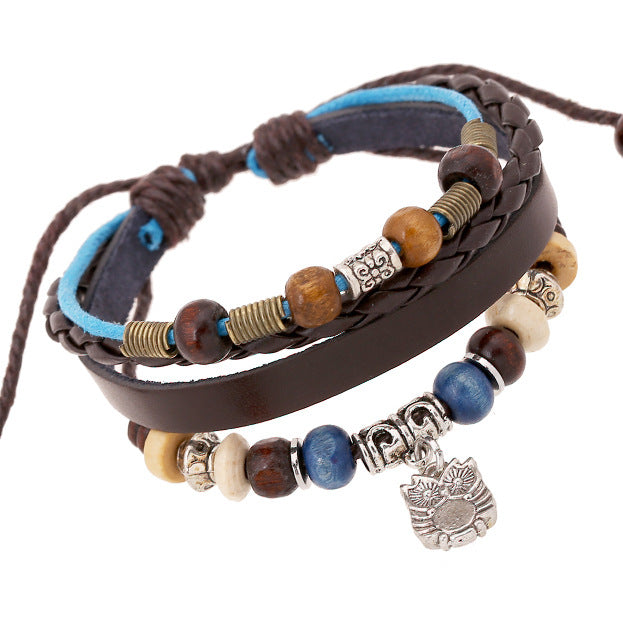 Wholesale Vintage Owl Pendant Beaded Leather Bracelet - Unisex Adjustable Leather Jewelry Accessory