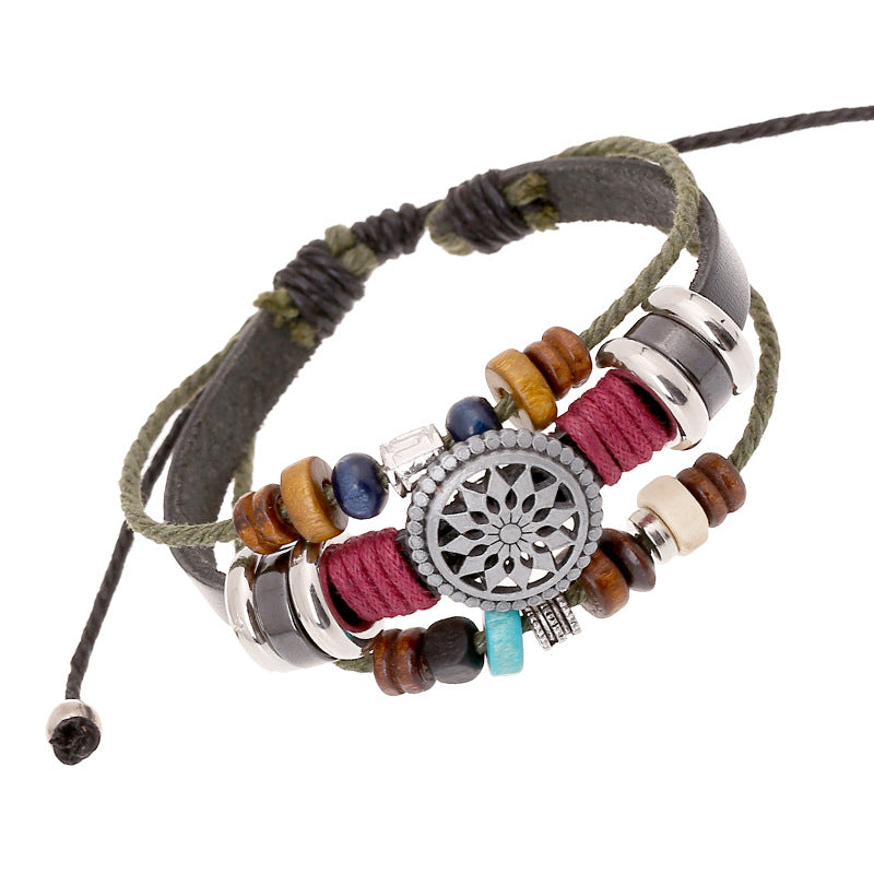 Wholesale Stylish Handmade Leather Bracelet Unisex Black Silver Beads Fashion Accessory Gift