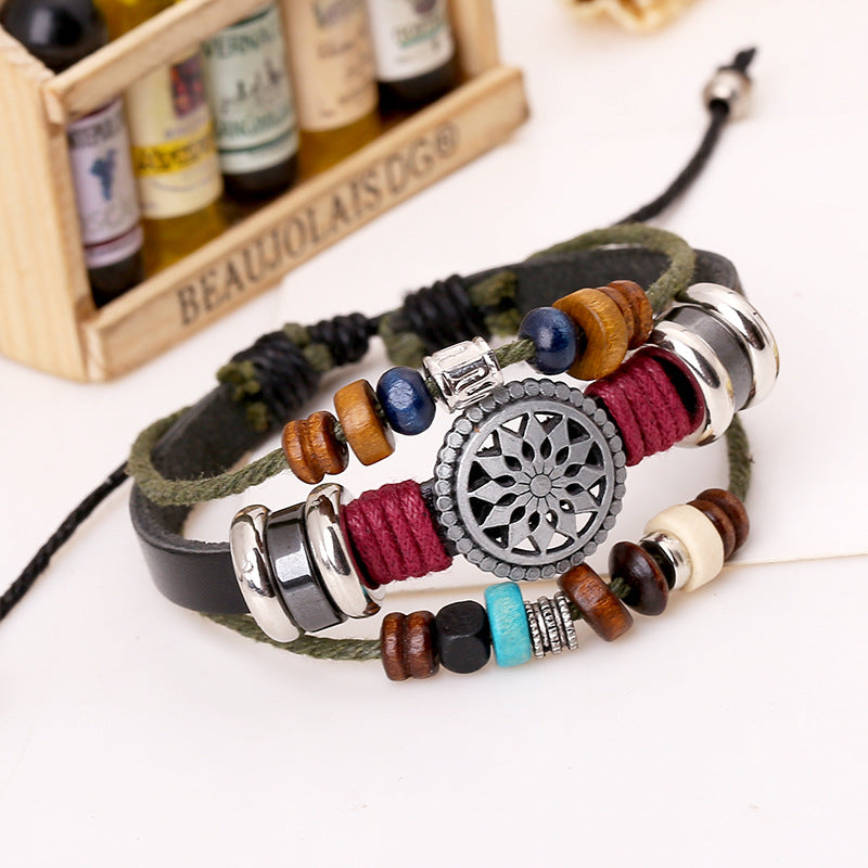 Wholesale Stylish Handmade Leather Bracelet Unisex Black Silver Beads Fashion Accessory Gift