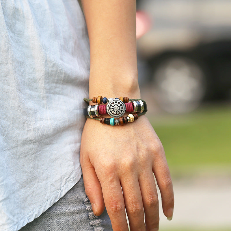 Wholesale Stylish Handmade Leather Bracelet Unisex Black Silver Beads Fashion Accessory Gift