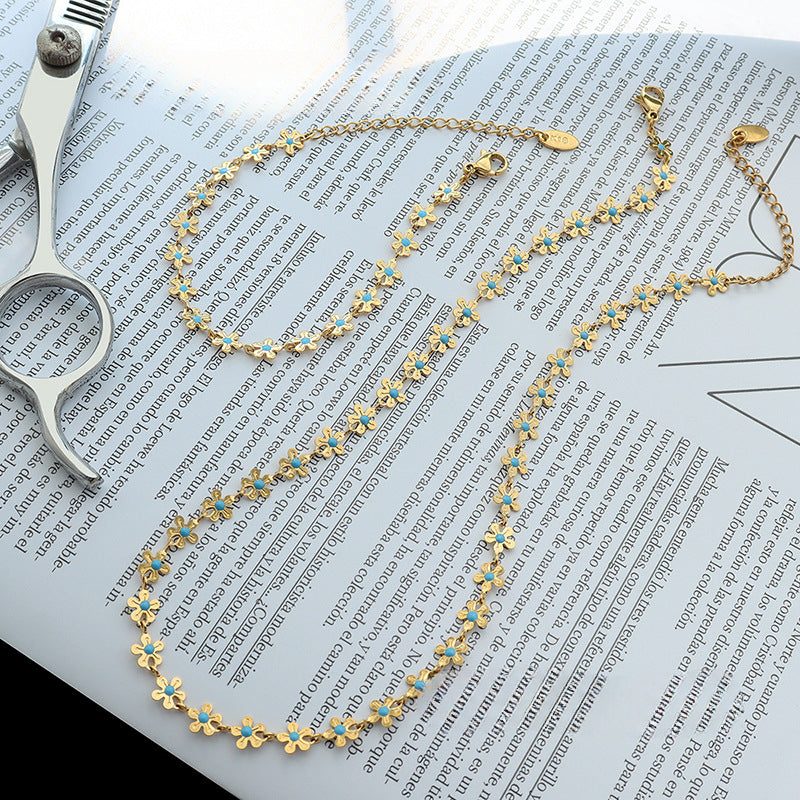 Wholesale 18k Gold Plated Flower Blue Oil Drop Necklace Bracelet Titanium Steel ACC-NE-MiLi005