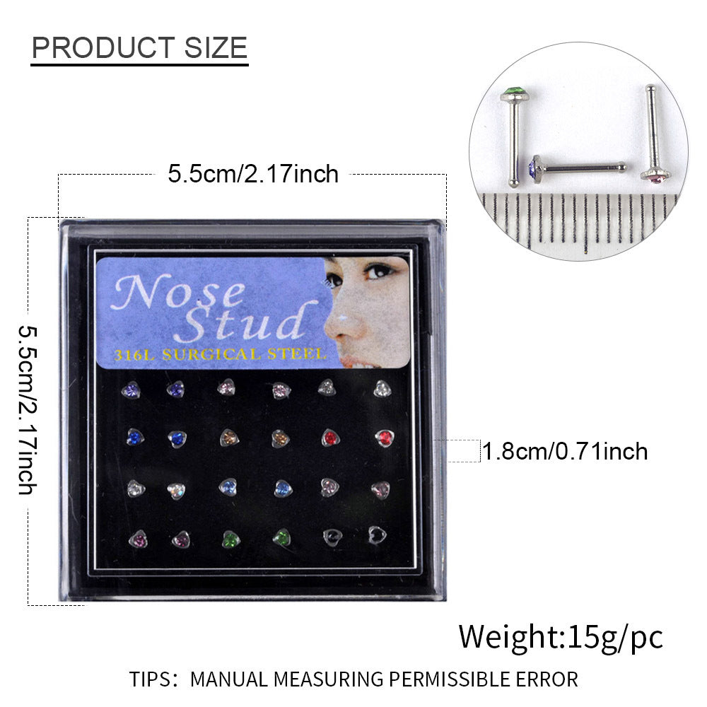 Wholesale 24/ box of diamond-encrusted stainless steel heart-shaped nose nail