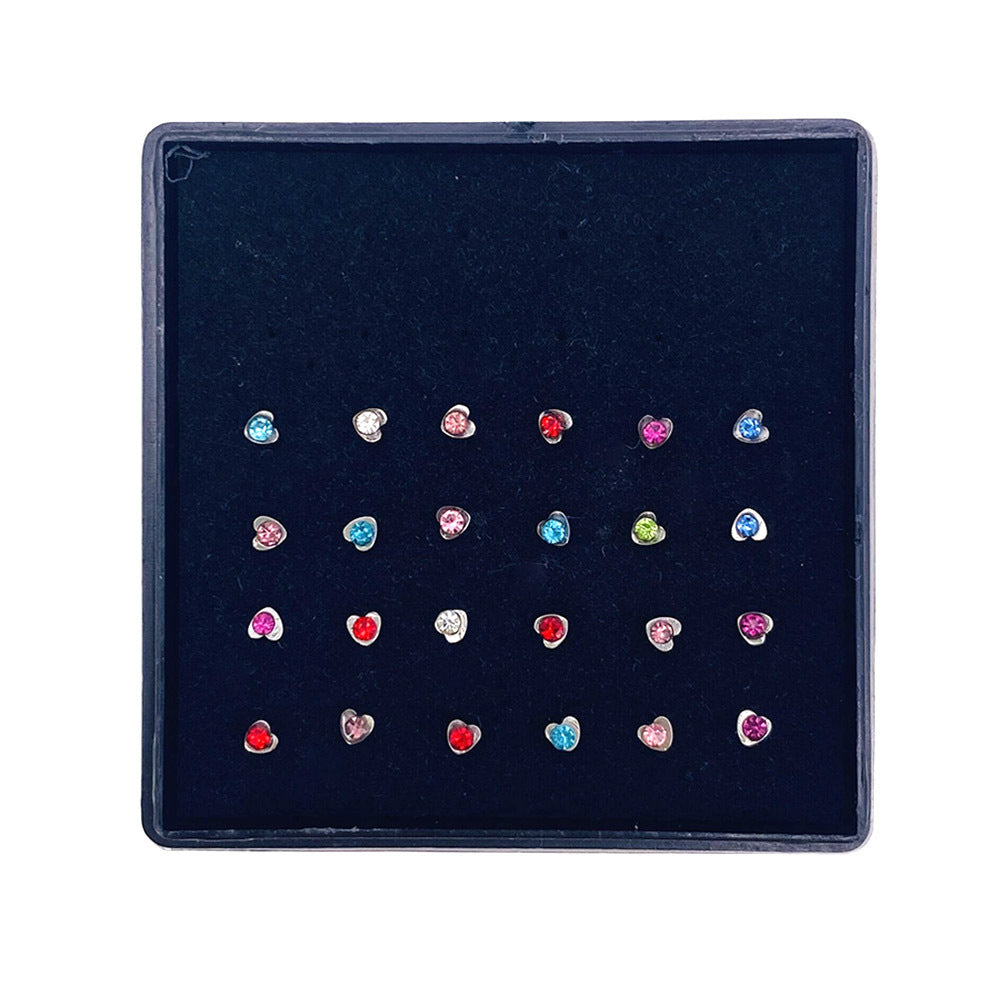 Wholesale 24/ box of diamond-encrusted stainless steel heart-shaped nose nail