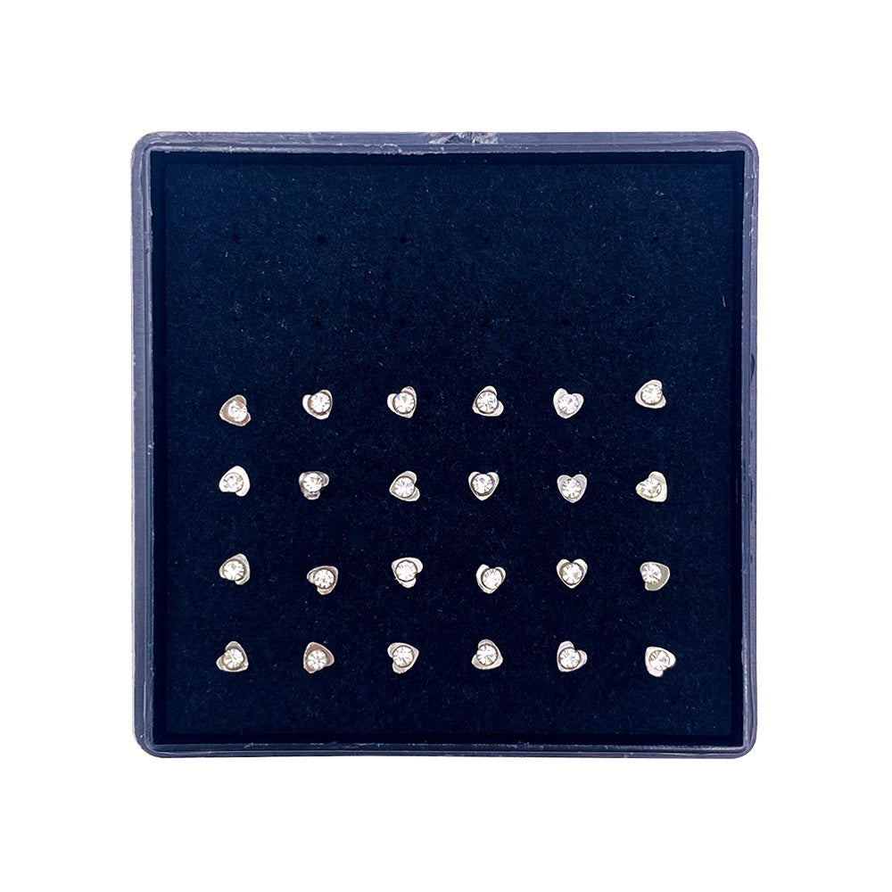 Wholesale 24/ box of diamond-encrusted stainless steel heart-shaped nose nail