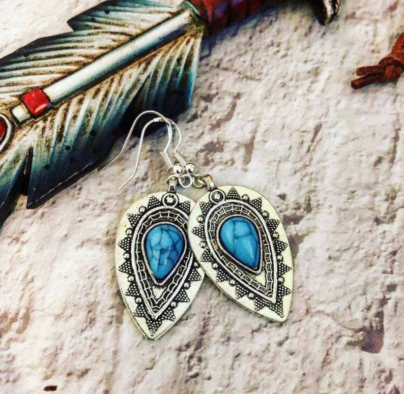 Wholesale Alloy Electroplated Bohemian Drop Earrings Carved Water Drop Pine Stone Design - Fashion Accessory