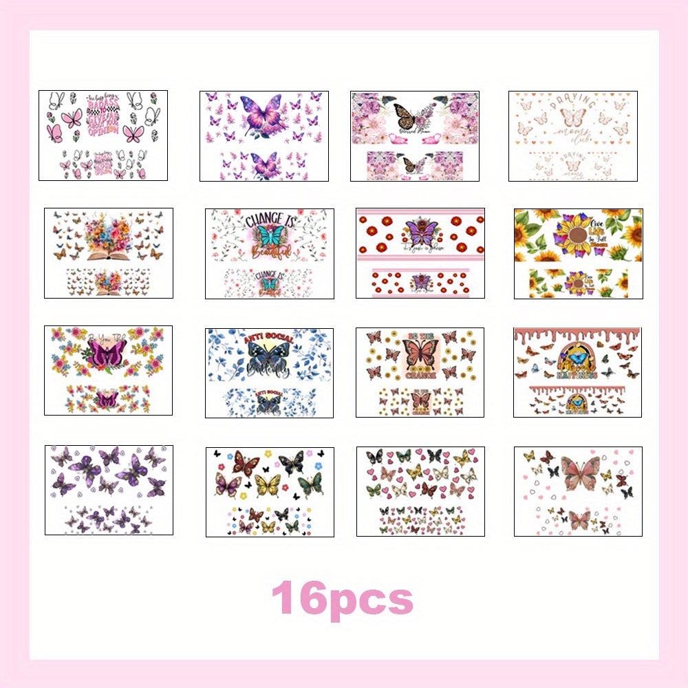 16pcs Butterfly UV DTF Cup Wraps Rub on Transfer Stickers for Mini Tumbler Cup Keychains Accessories DIY Gift Cup Sticker Gift
