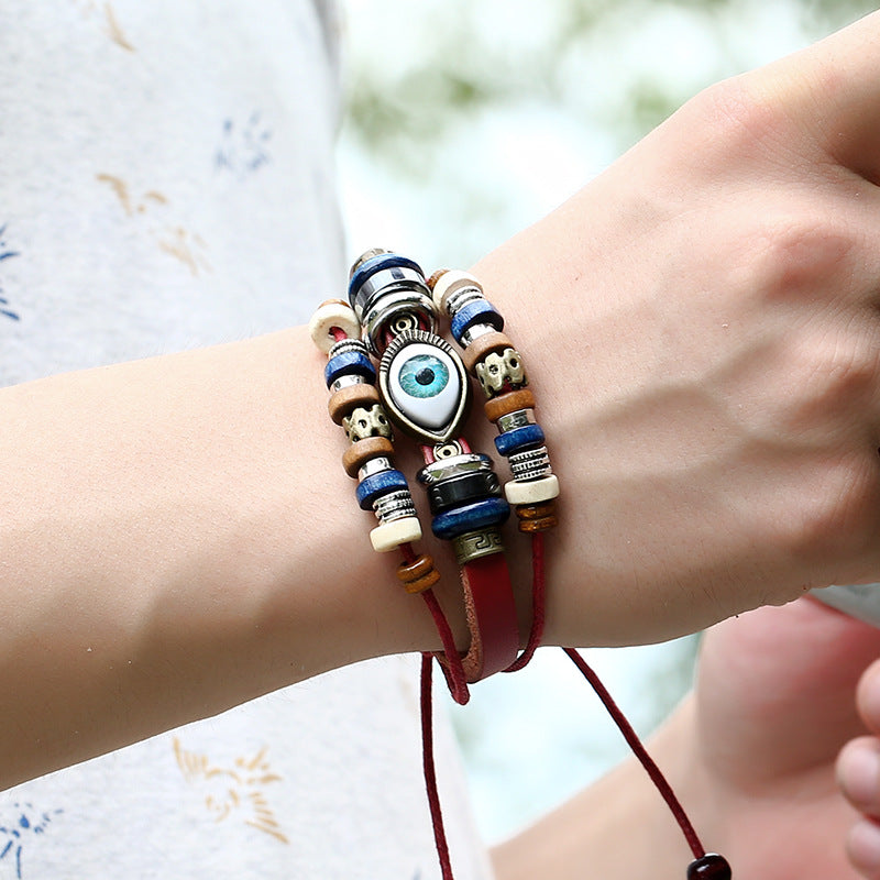 Wholesale Trendy Beaded Eye Leather Bracelet Black Unisex Jewelry Accessory for Resale
