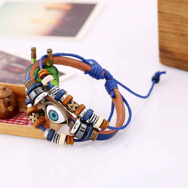 Wholesale Trendy Beaded Eye Leather Bracelet Black Unisex Jewelry Accessory for Resale